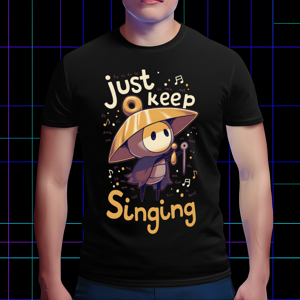 Model wearing the Sherma shirt showing the comfortable fit and the 'Just keep singing' text.