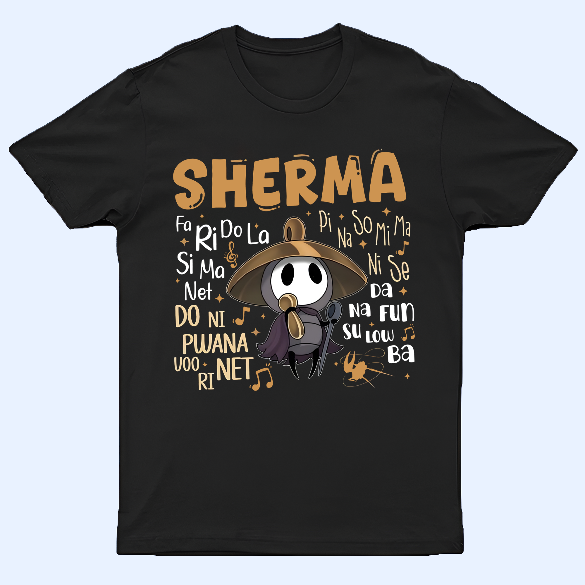 Front view of the Sherma shirt, featuring the loyal traveler in his bundled pose, a perfect Silksong Tee design