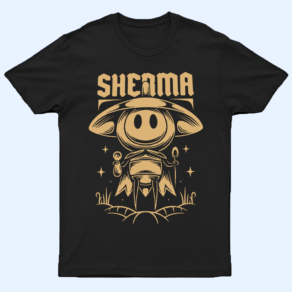 Front view of the minimalist Sherma silhouette shirt, a stylish Silksong Tee design laid flat
