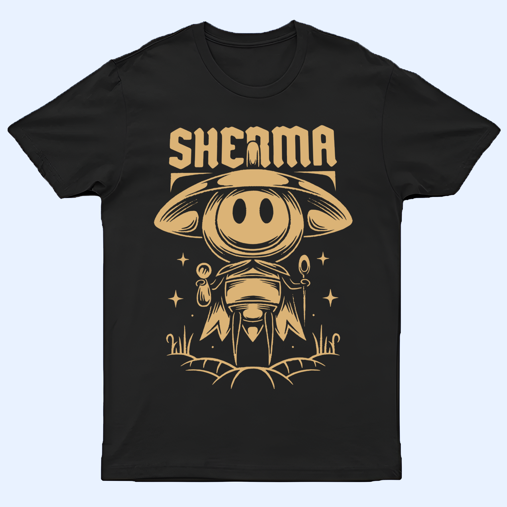 Front view of the minimalist Sherma silhouette shirt, a stylish Silksong Tee design laid flat