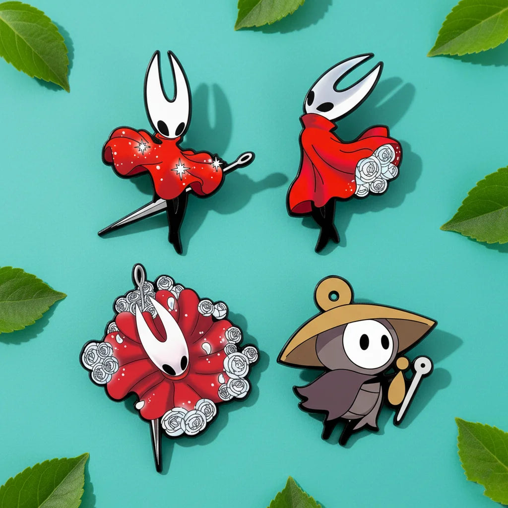 Close-up detail of the Silksong Enamel Pin Set, highlighting the hard enamel fill and polished metal edges of the pins.