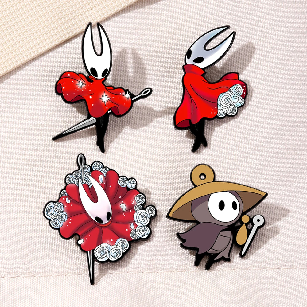 Front view of the Silksong Enamel Pin Set featuring pins of Hornet and Sherma.
