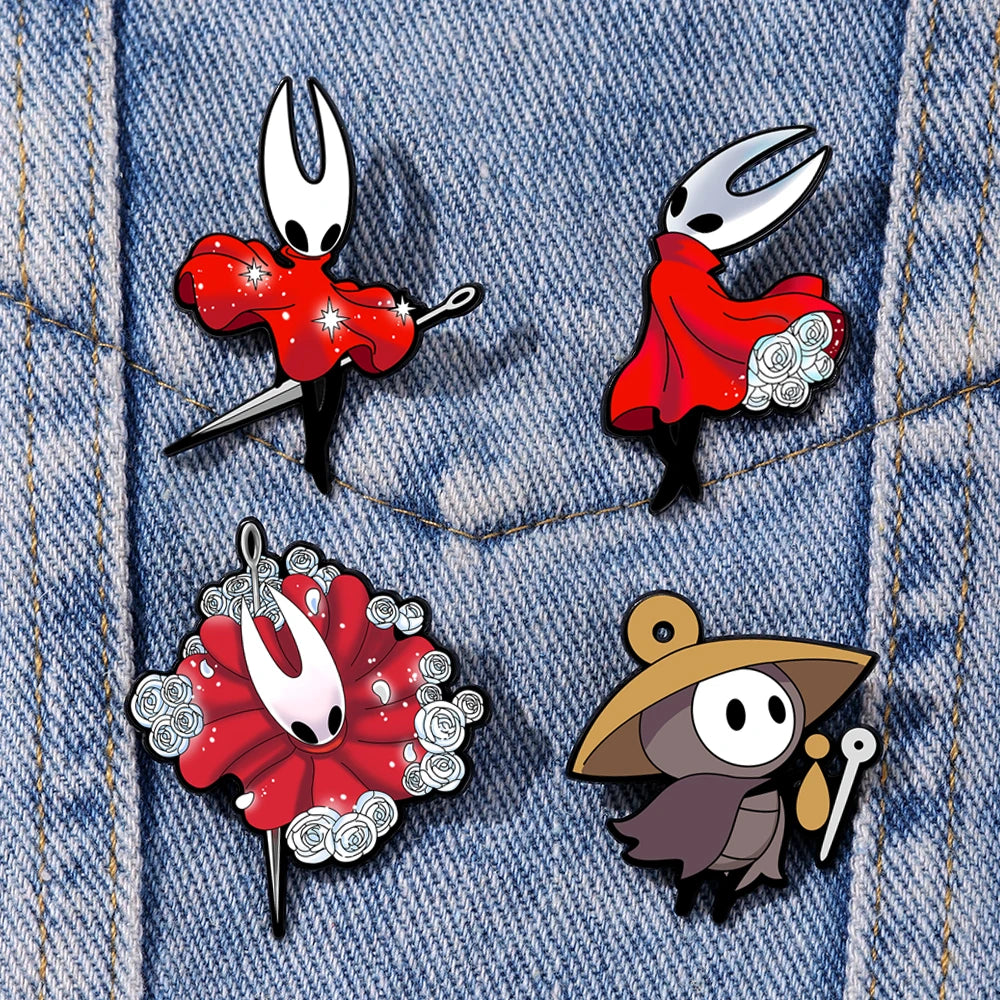 The Silksong Enamel Pin Set displayed on a jacket lapel, showing its use as wearable Silksong Merch.