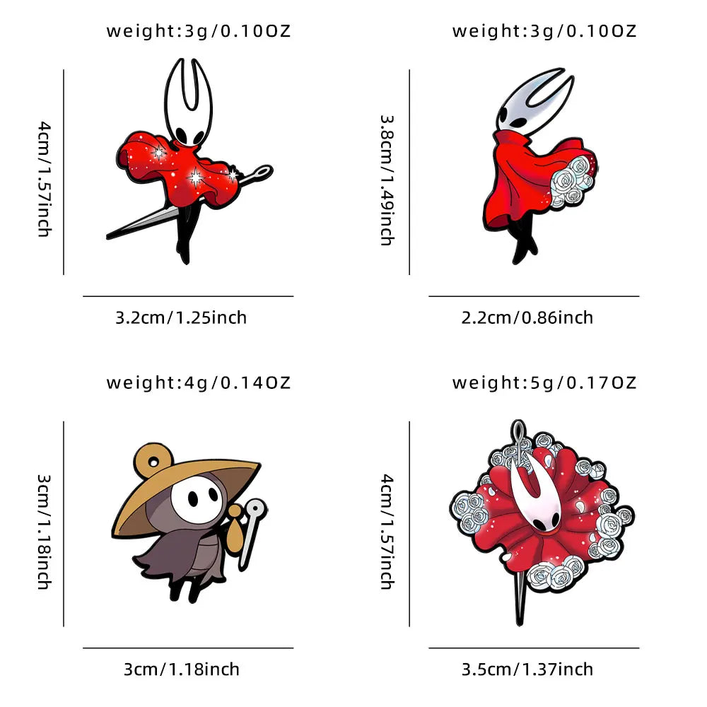 Size chart of the Silksong Enamel Pin Set featuring pins of Hornet and Sherma.