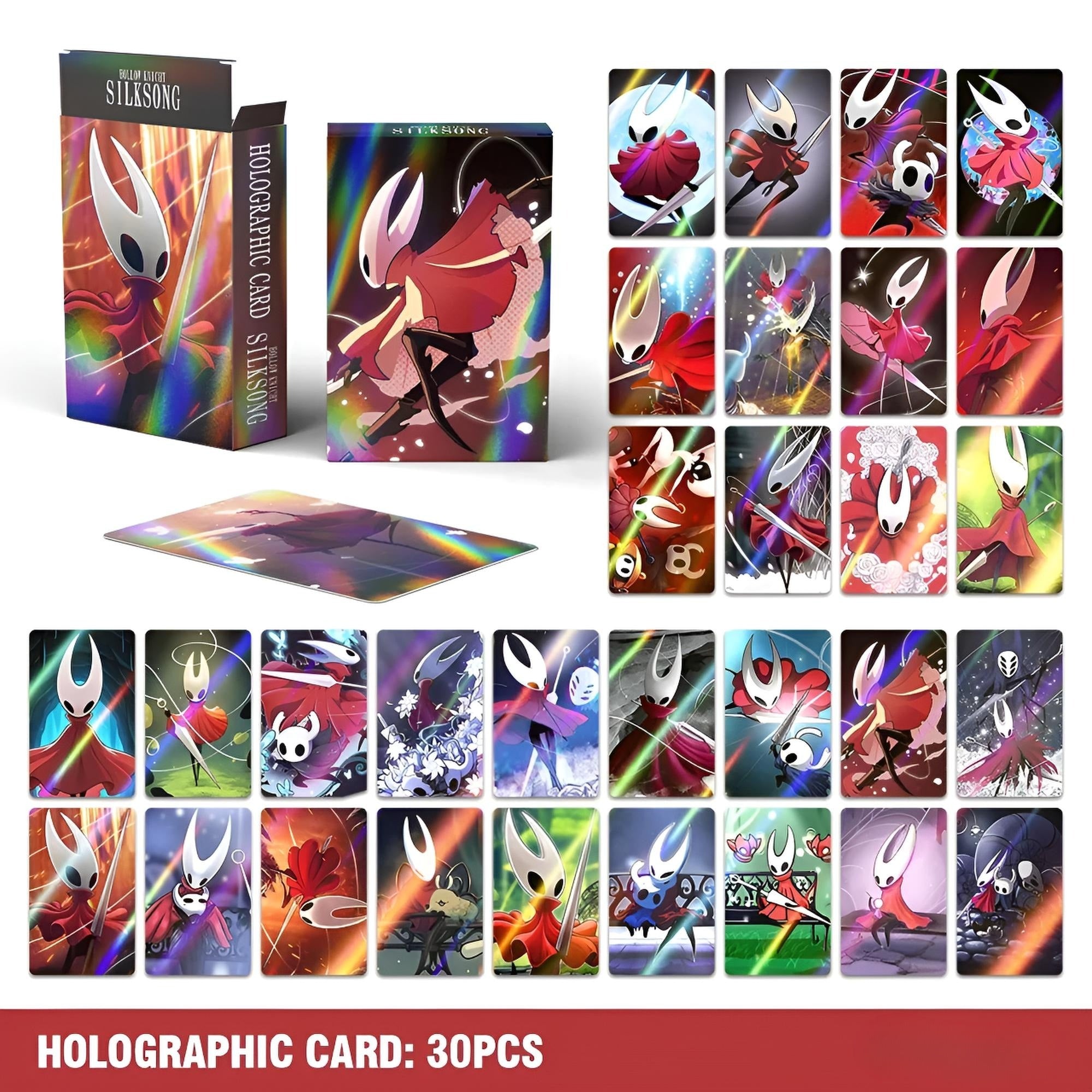 Set of Silksong holographic cards with colorful designs on a white background