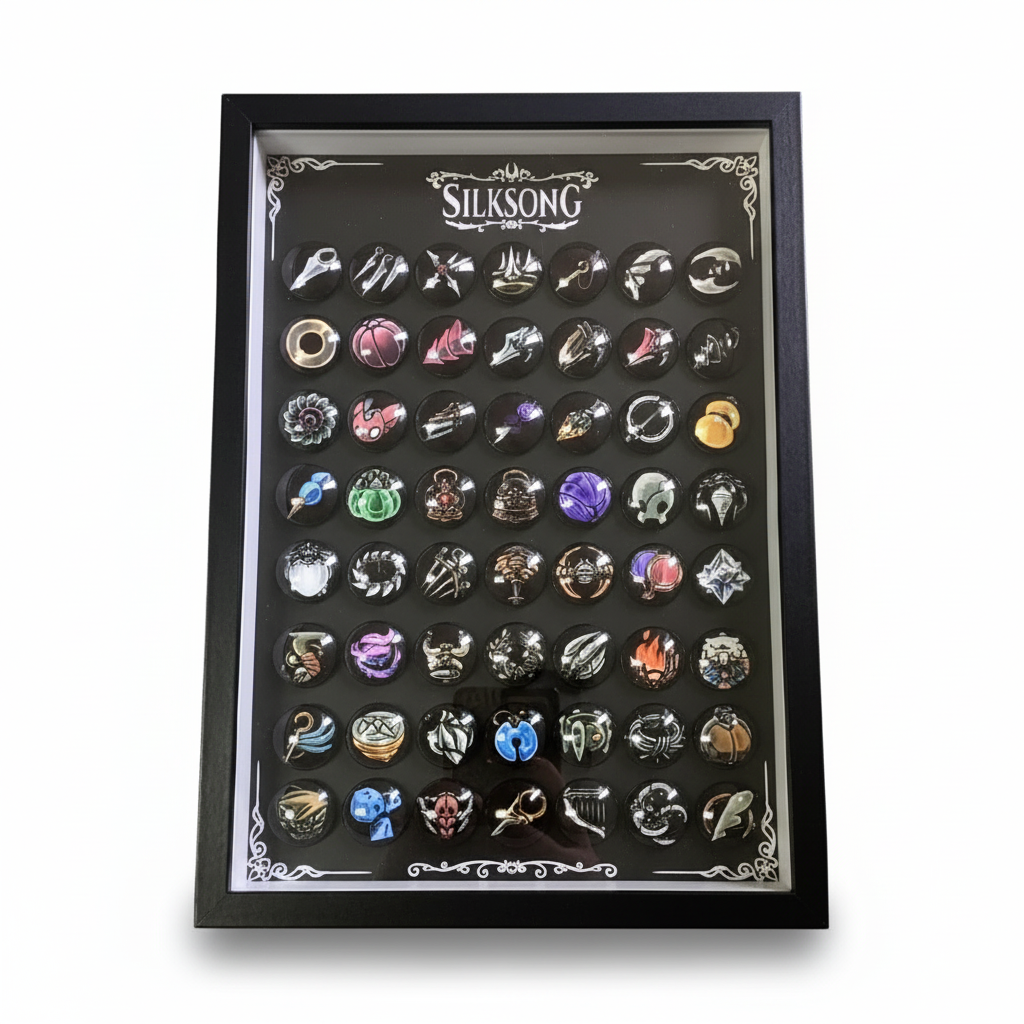 Front view of the complete Silksong Magnetic Charm Set, showcasing all individual magnet pieces.