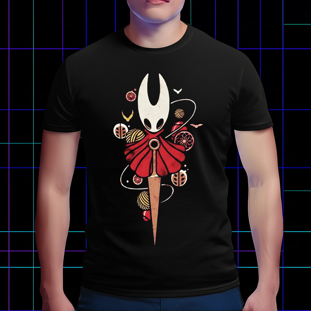 Hornet in an adventure pose from Silksong on a t-shirt mockup