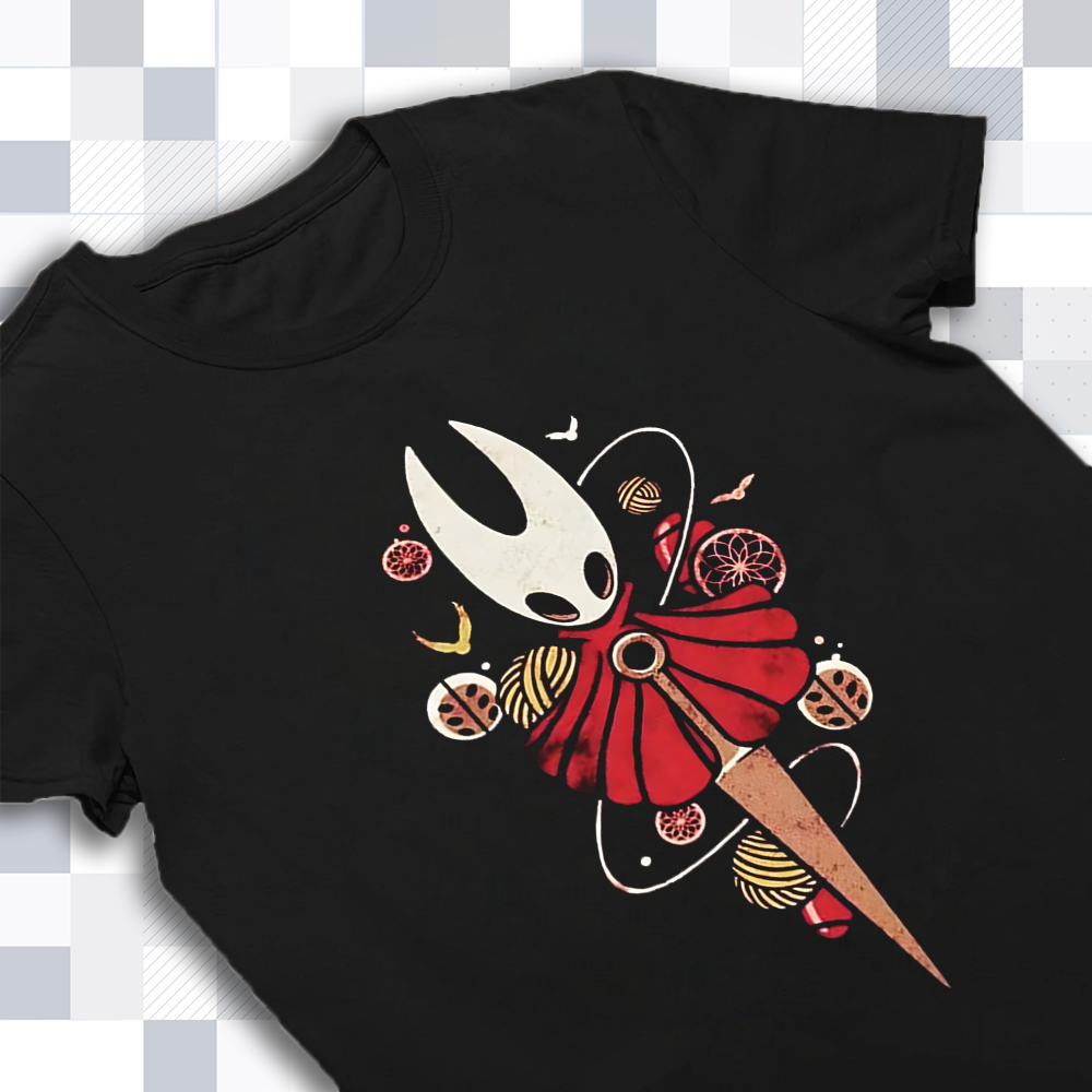 Hornet in an adventure pose from Silksong on a t-shirt mockup