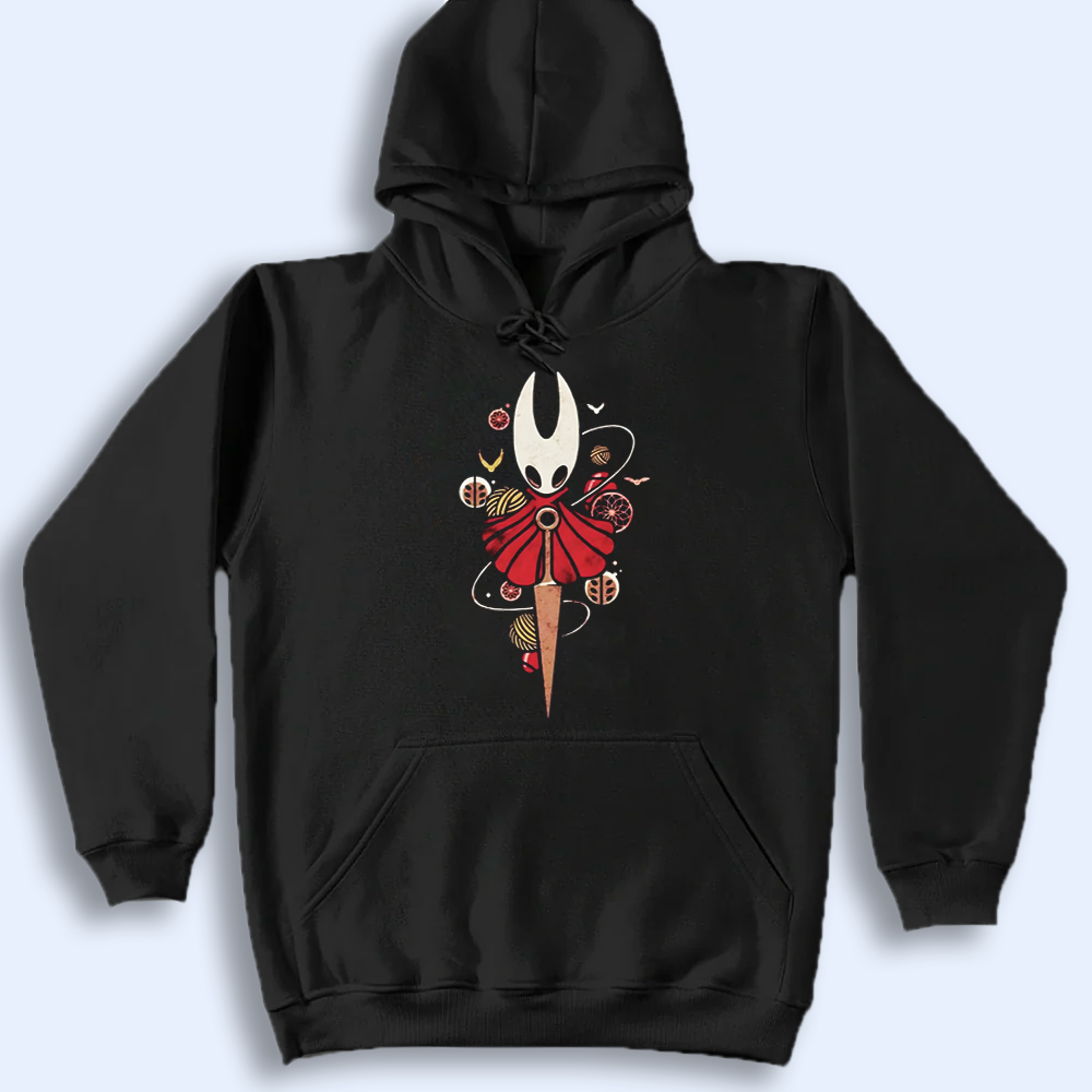 Hornet in an adventure pose from Silksong on a t-shirt mockup