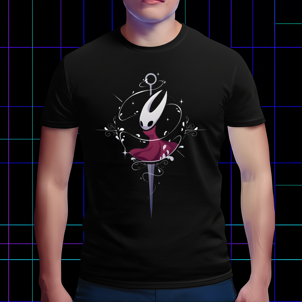 Pure Hornet character design from Silksong on a t-shirt mockup