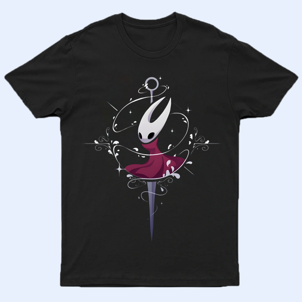 Pure Hornet character design from Silksong on a t-shirt mockup