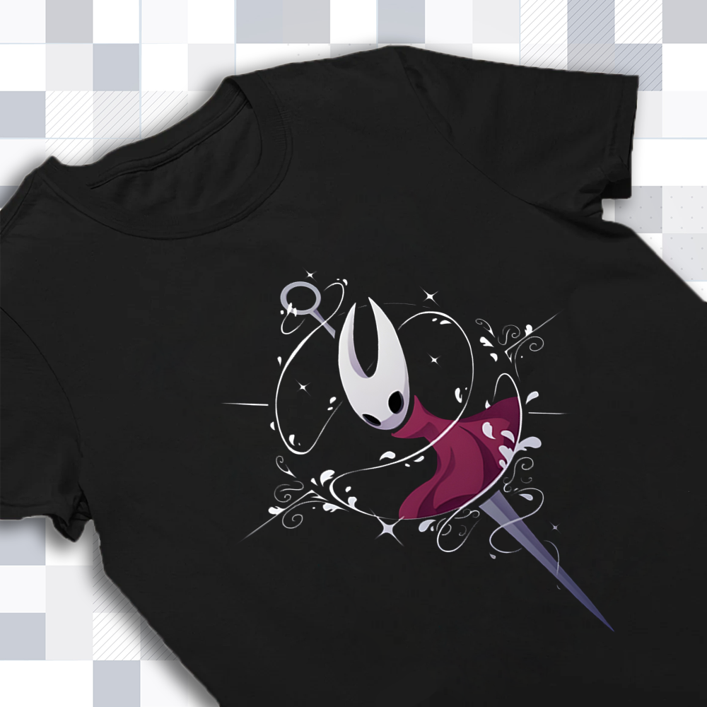 Pure Hornet character design from Silksong on a t-shirt mockup