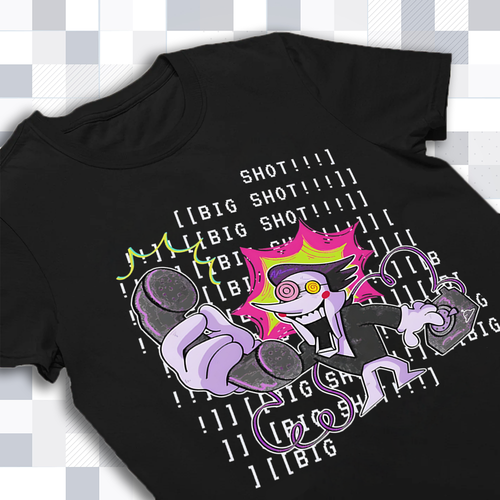 Close-up of the Spamton image and '[Big Shot]' text print on the DELTARUNE merch t-shirt, highlighting vibrant details