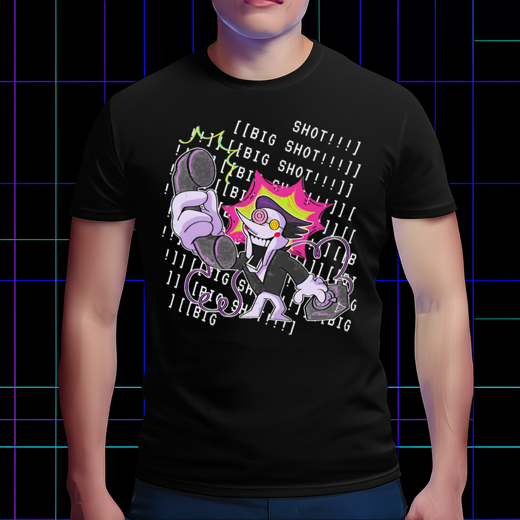 DELTARUNE Spamton 'BIG SHOT' T-shirt worn by a model, demonstrating its comfortable fit and bold design, essential DELTARUNE merch
