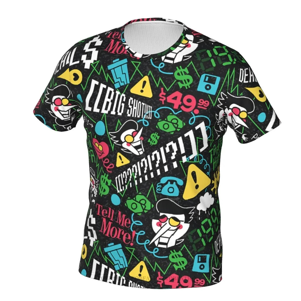 Close-up of the 'BIG SHOT' quote and Spamton G. Spamton character print on the DELTARUNE t-shirt, showcasing print quality