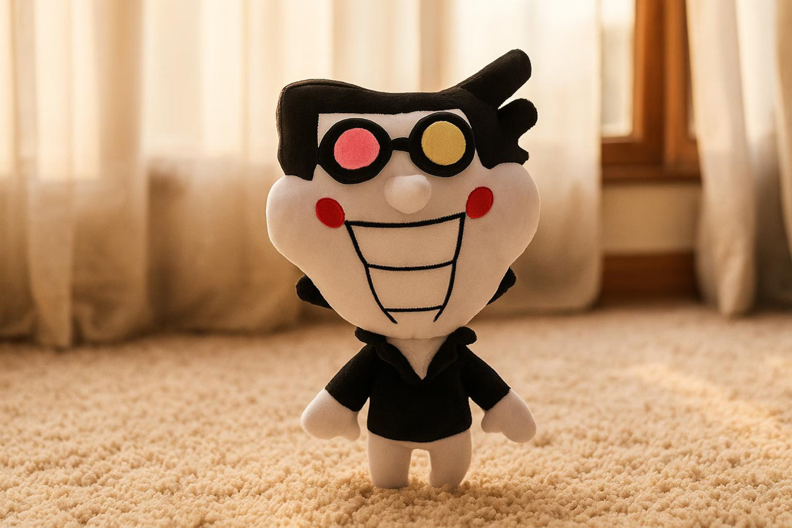 Side profile of the Spamton Plush, showcasing the ultra-soft material and salesman attire