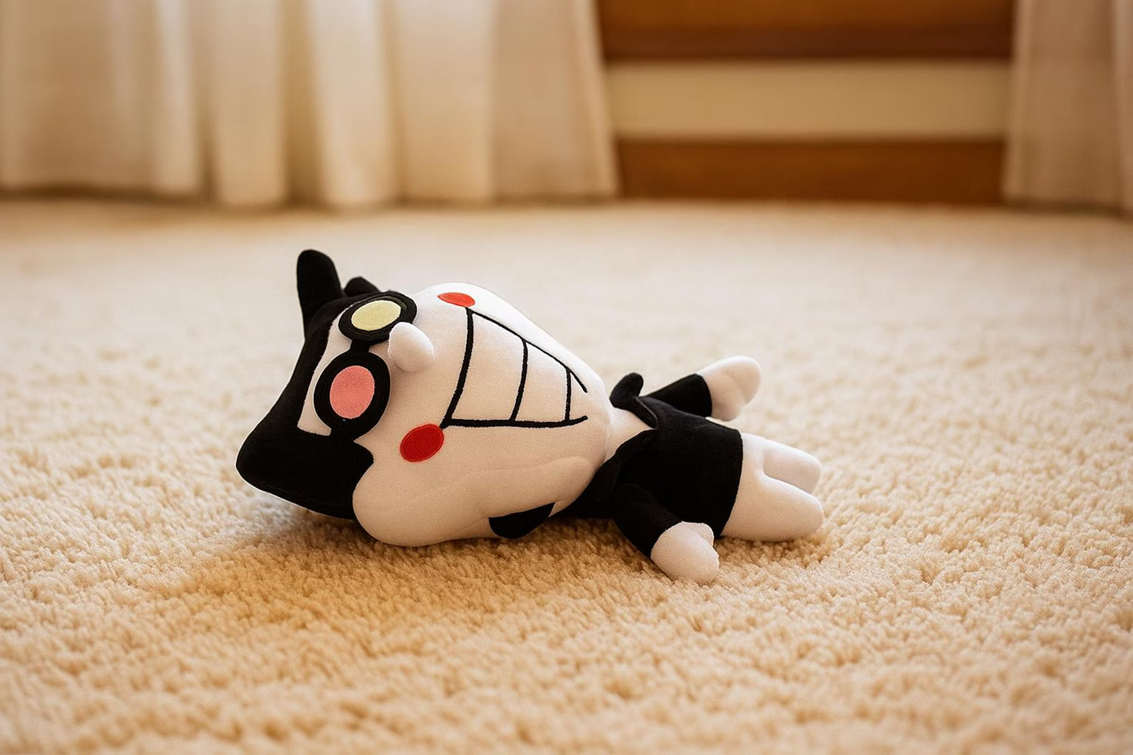 Side profile of the Spamton Plush, showcasing the ultra-soft material and salesman attire
