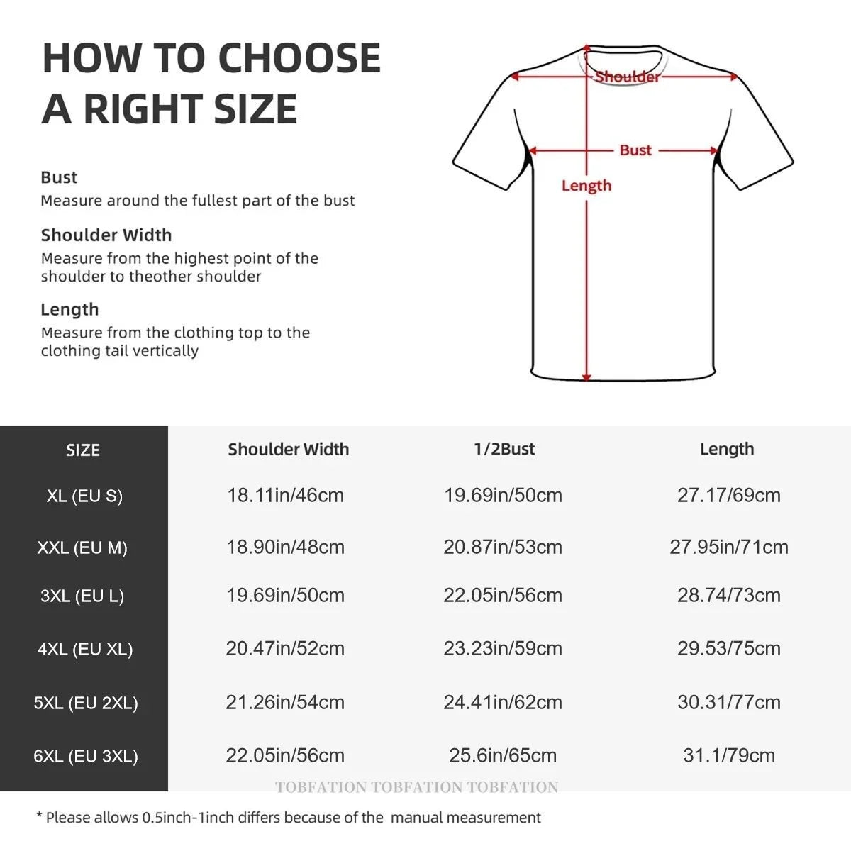 Size chart for the DELTARUNE Spamton t-shirt, providing measurements for a perfect fit.