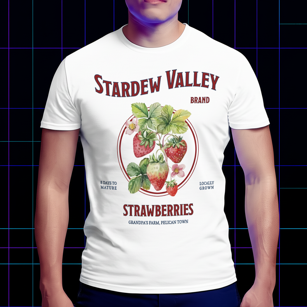 A person wearing the Stardew Valley Grandpa's Farm strawberry shirt 