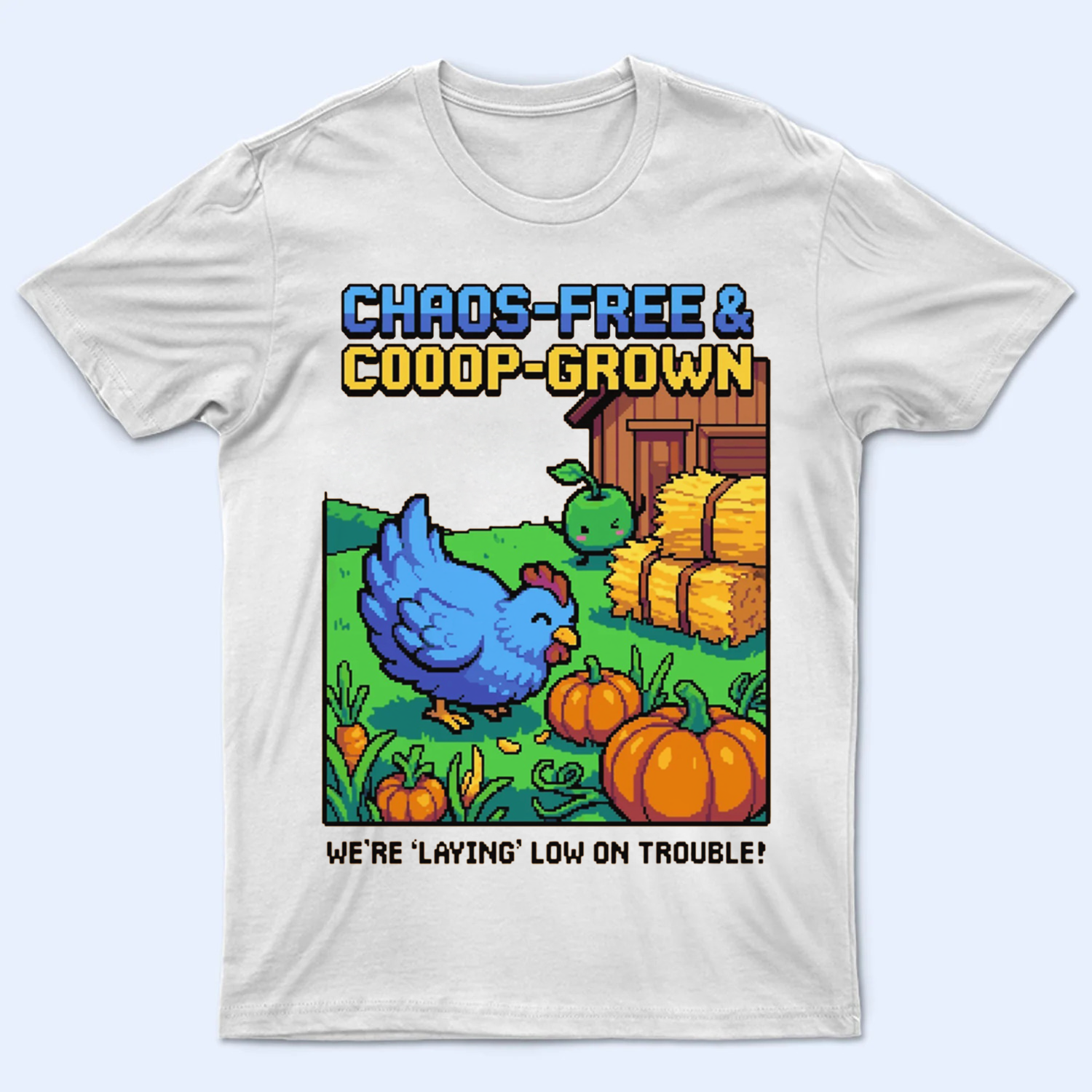 white Stardew Valley Chaos-Free T-Shirt featuring a cute chicken and Junimo graphic.