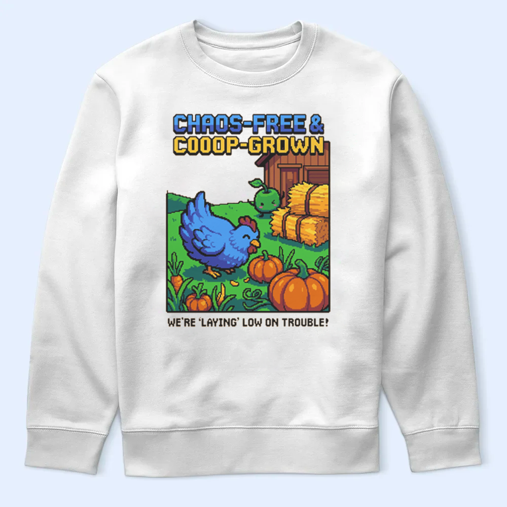 A white Stardew Valley Chaos-Free Sweatshirt featuring a cute chicken and Junimo graphic