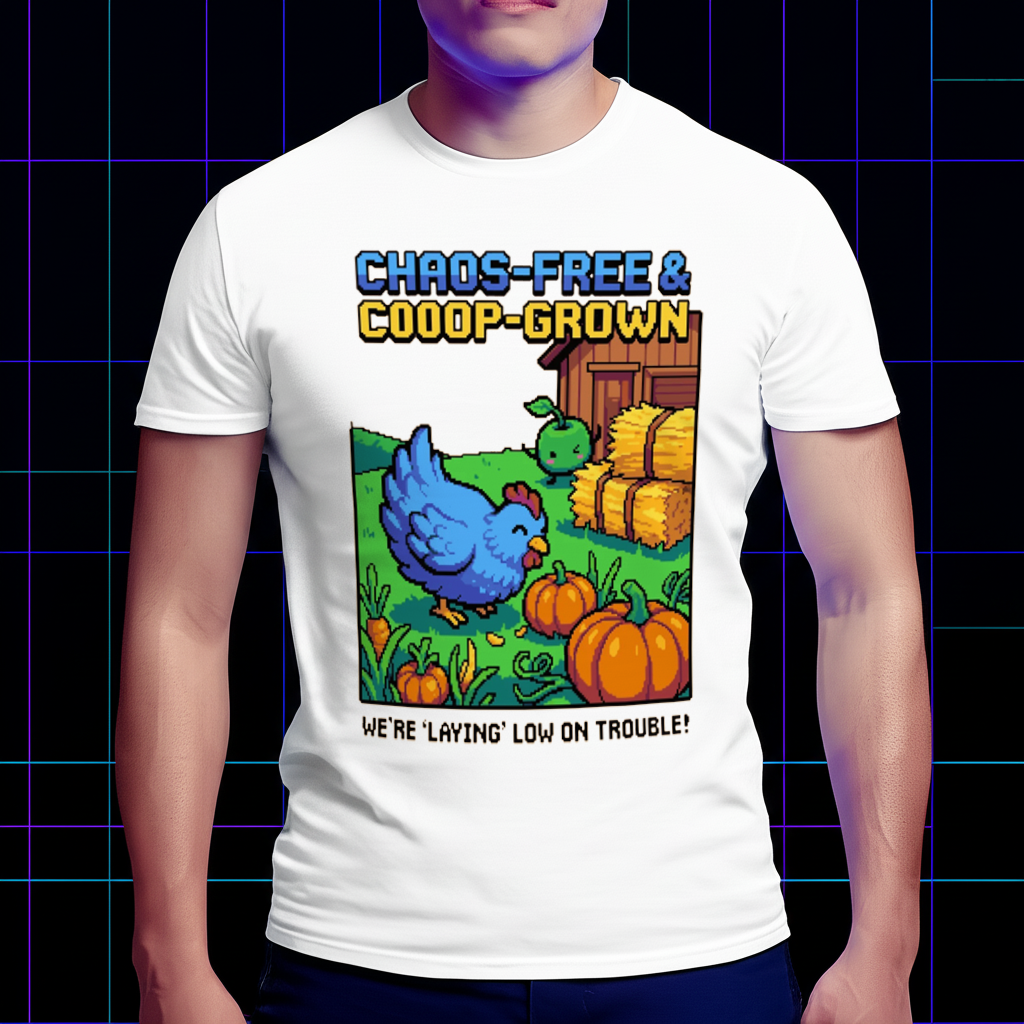 A gamer wearing the Stardew Valley Chaos-Free and Coop Crown shirt for a cozy gaming session