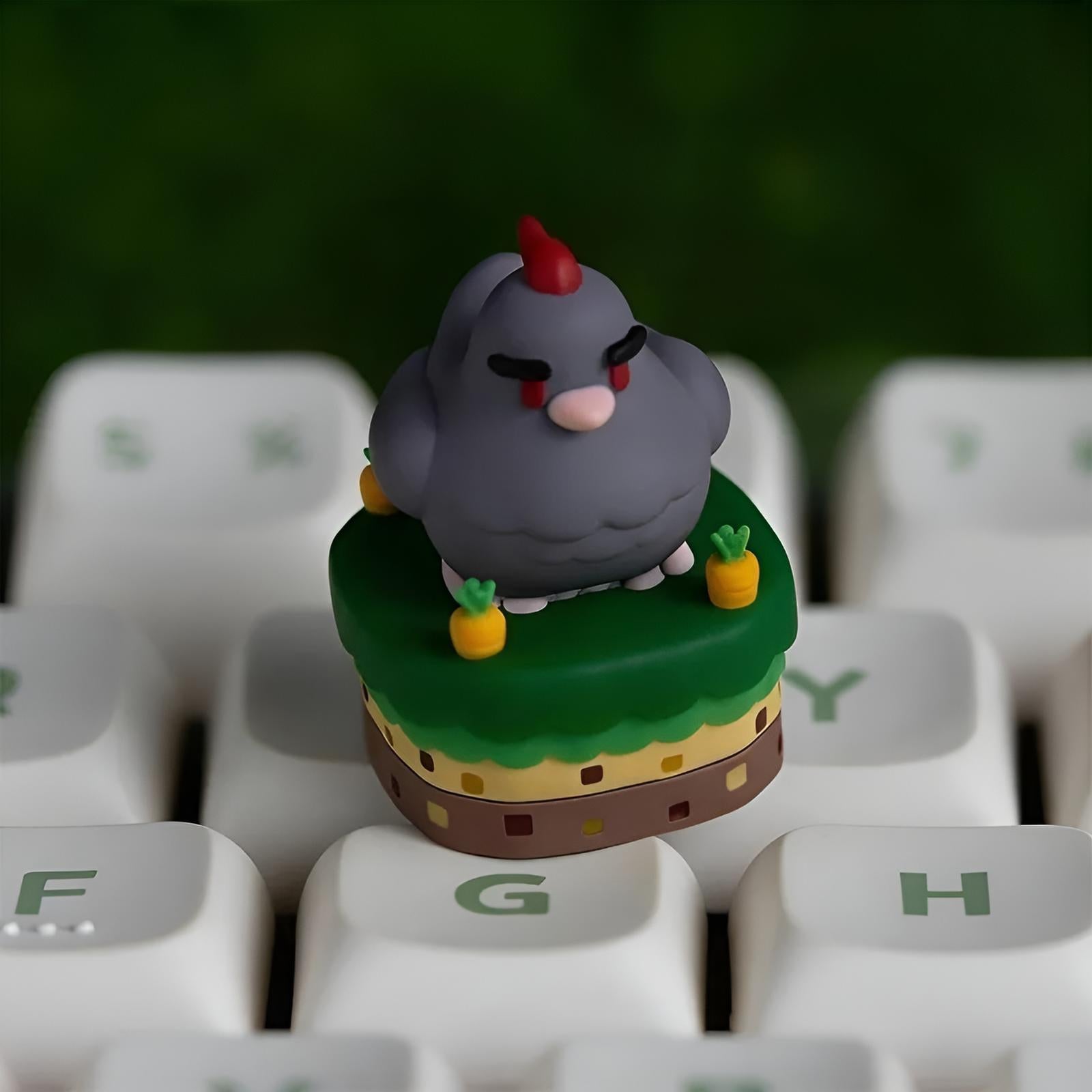 Close up of a Stardew Valley black Chicken Keycap on a mechanical keyboard, Stardew Valley Merch
