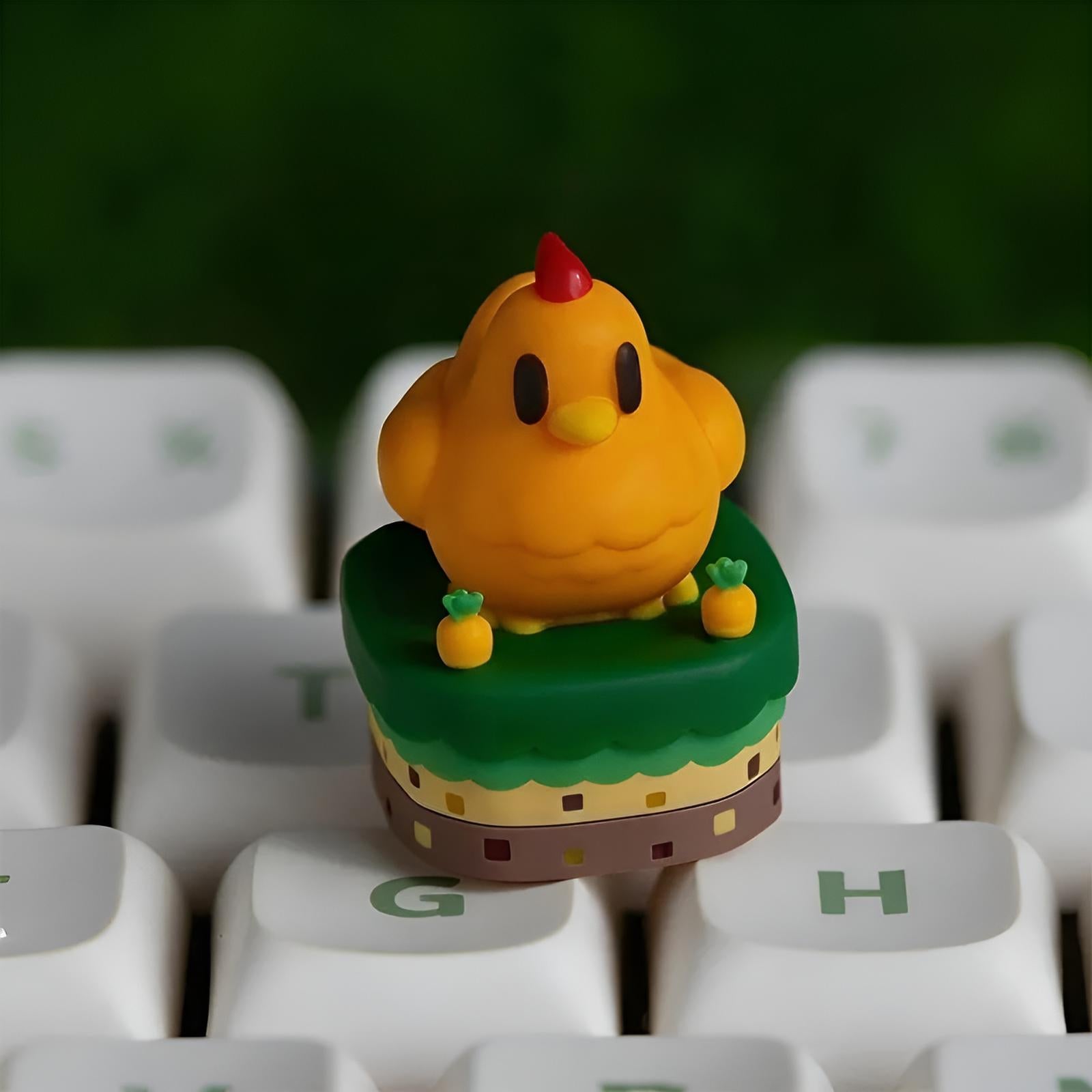 Close up of a Stardew Valley Orange Chicken Keycap on a mechanical keyboard, Stardew Valley Merch