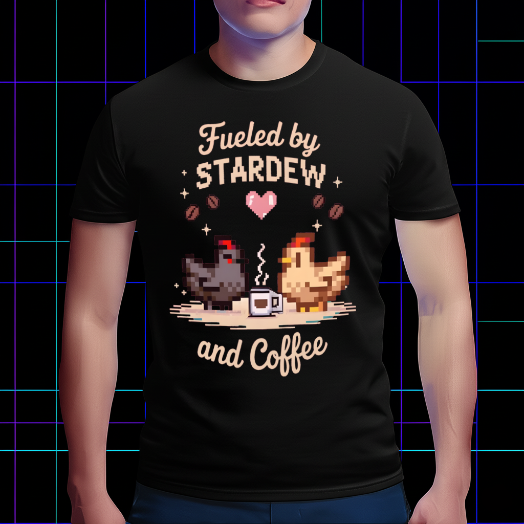 Person wearing a 'Fuel by Stardew & Coffee' t-shirt, perfect for gamers 