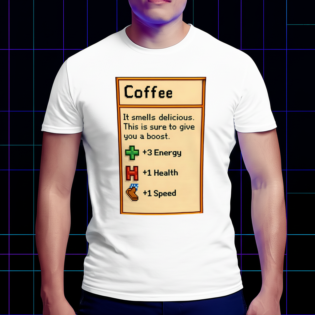 A person wearing the Stardew Valley coffee shirt