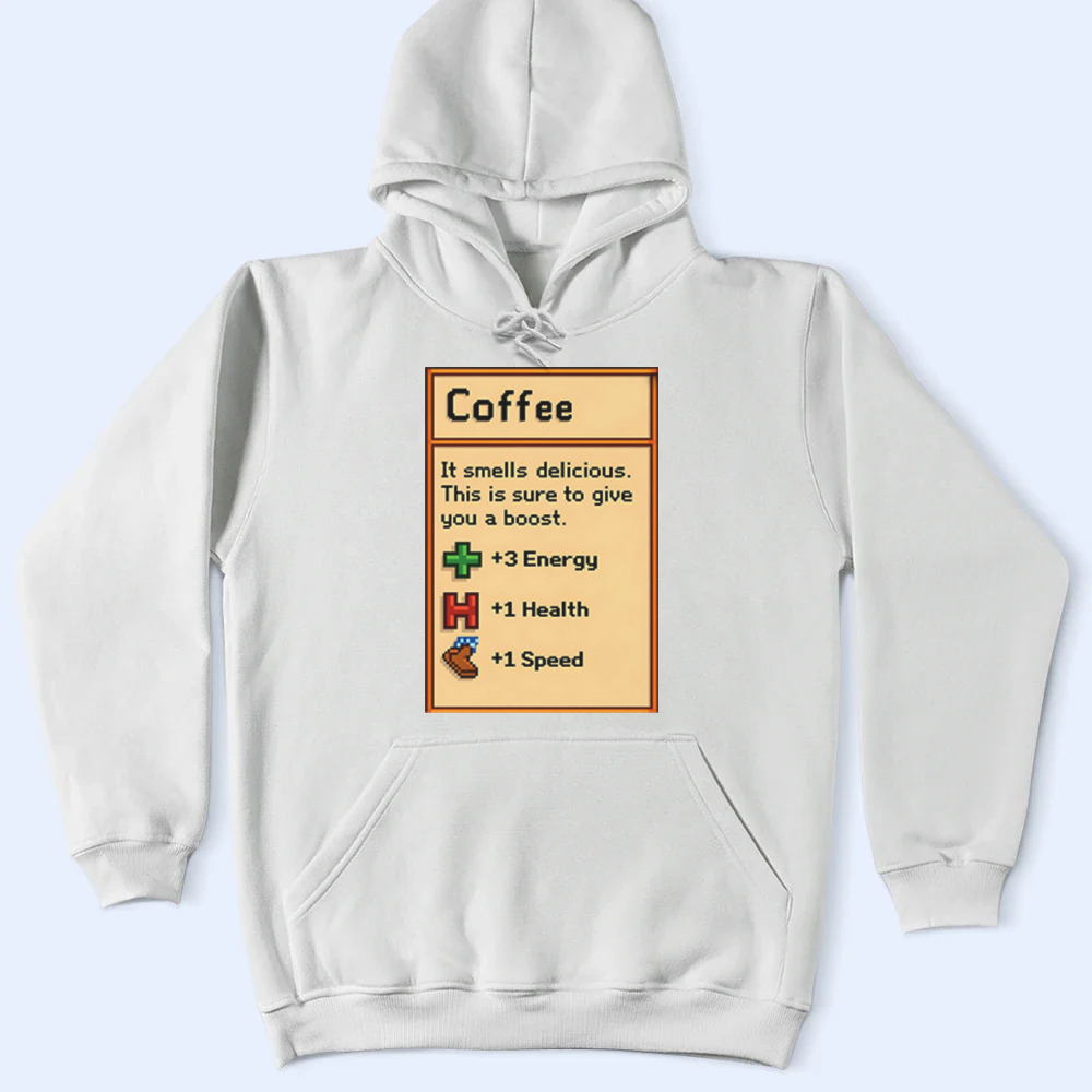 Stardew Valley Coffee Hoodie featuring the game quote 'it smells delicious' in a cozy font