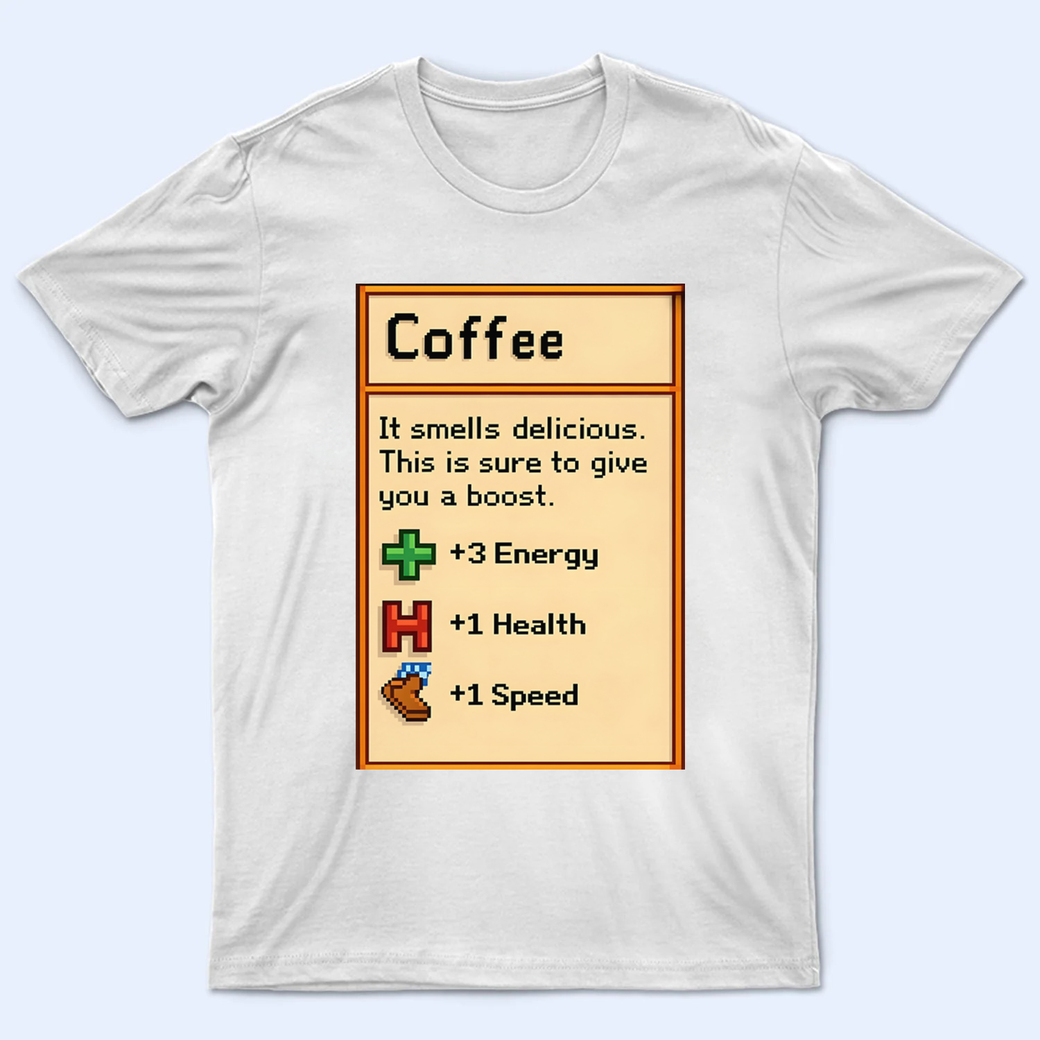 Stardew Valley Coffee T-Shirt featuring the game quote 'it smells delicious' in a cozy font
