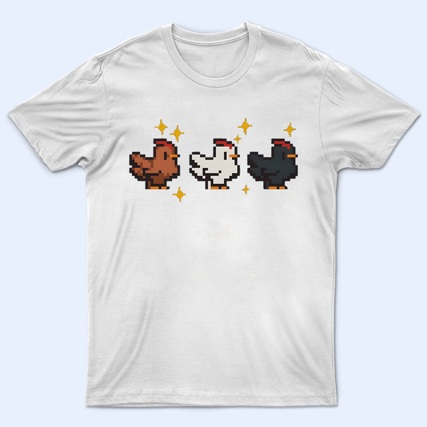 Mockup of a Stardew Valley t-shirt featuring three iconic chickens: white, brown, and black, from the game