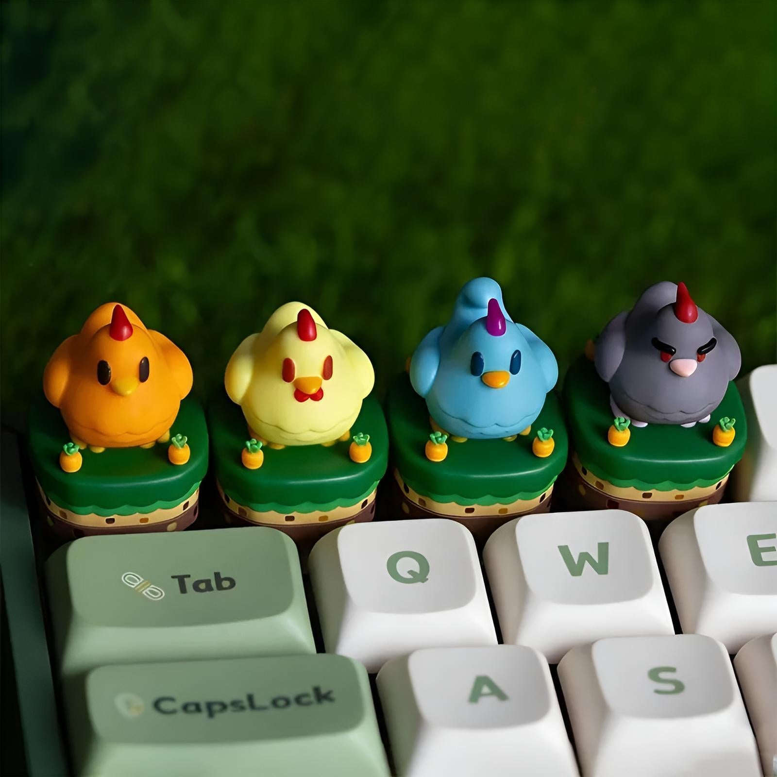 A cozy gaming setup featuring a white Stardew Valley Chicken Keycap, Stardew Valley Merch, custom keyboard