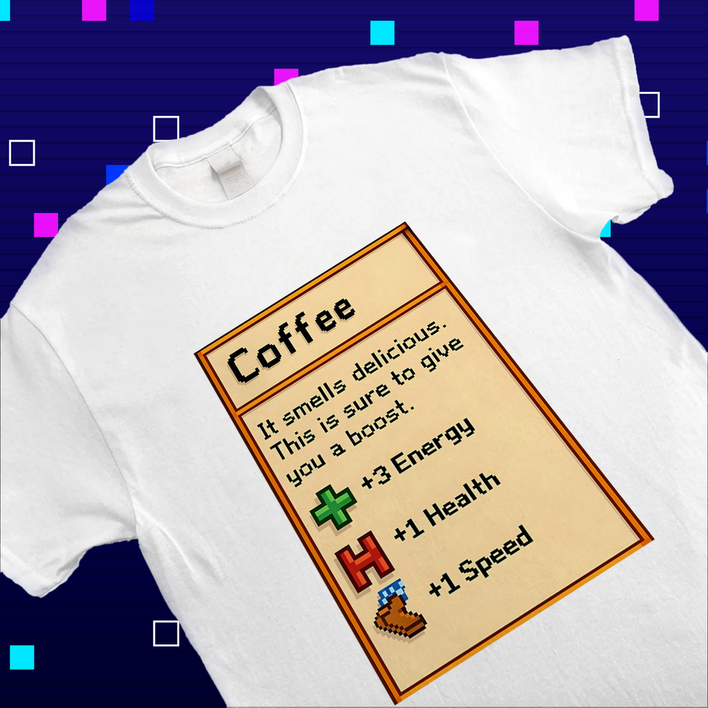 Close-up of the clean typography on the Stardew Valley coffee-themed gamer shirt.