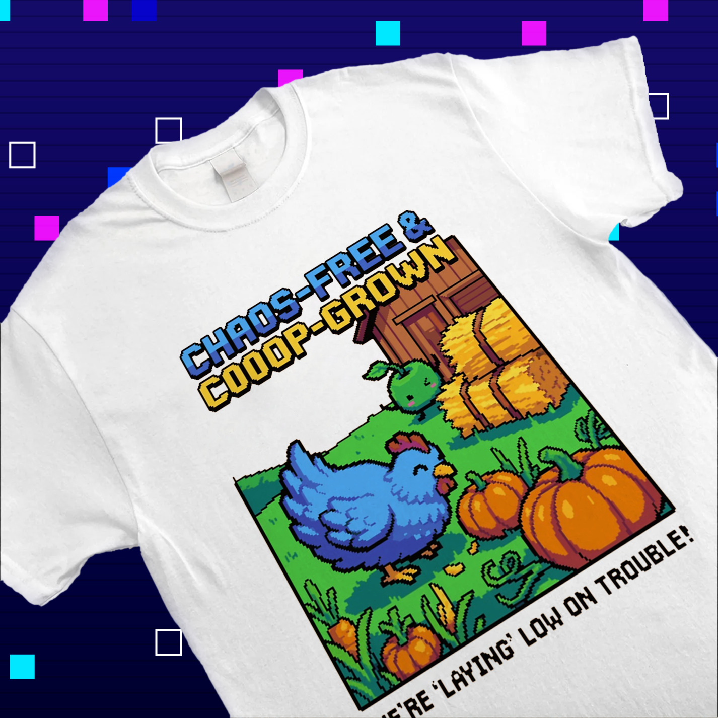 Close-up of the high-quality Chicken and Junimo print with Chaos-Free and Coop Crown text.