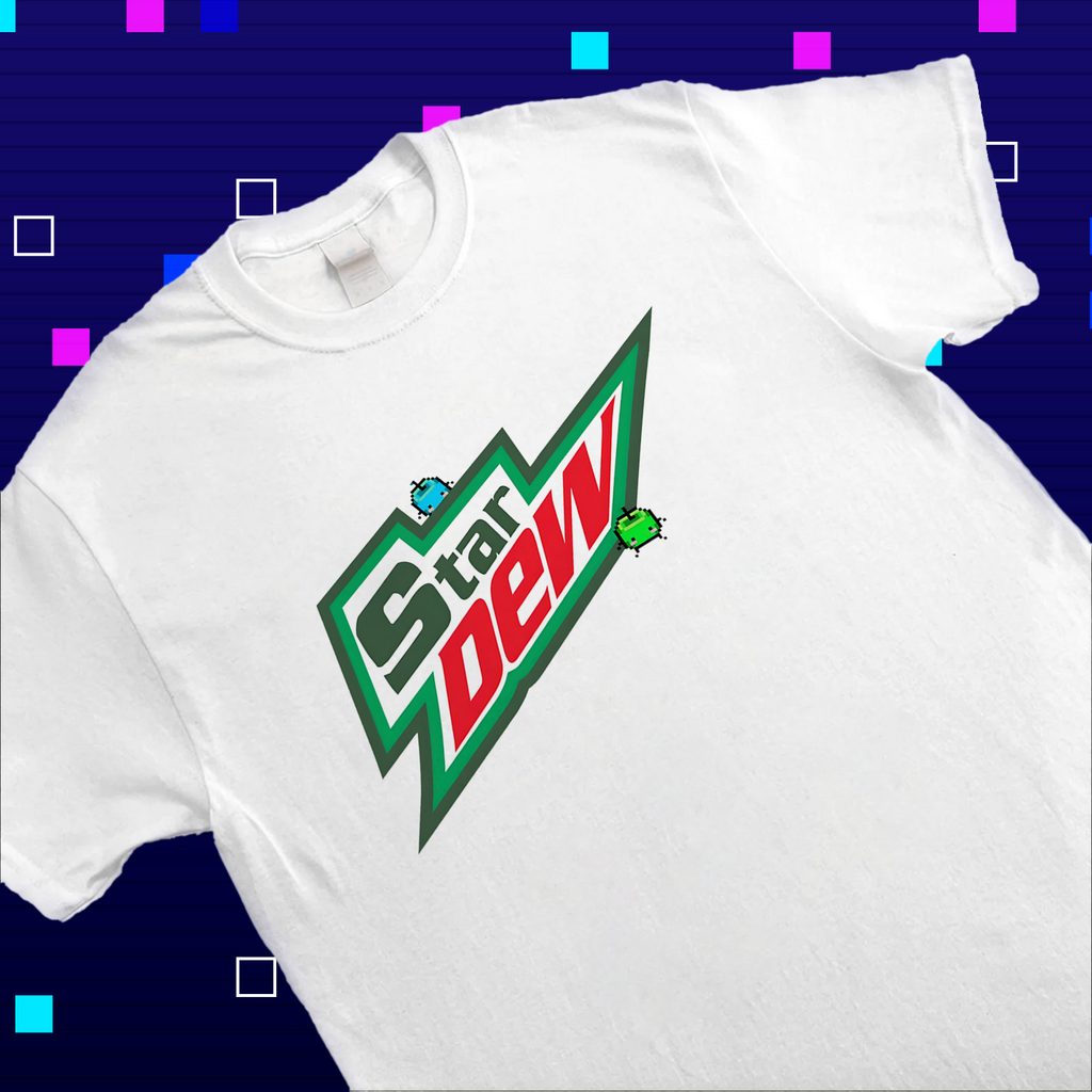 Close-up of the energetic neon-style Stardew Valley logo print on high-quality fabric