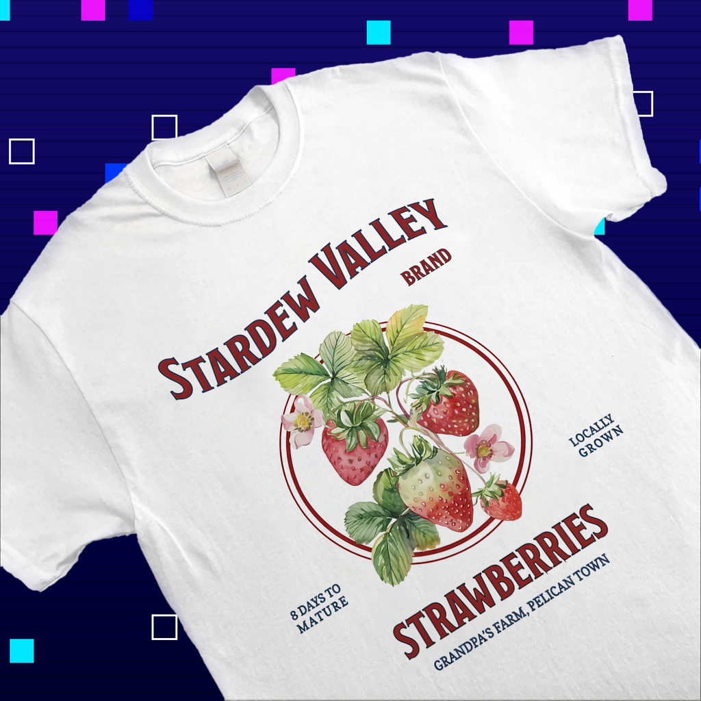 Close-up of the vintage strawberry and Pelican Town typography print on a high-quality cotton shirt