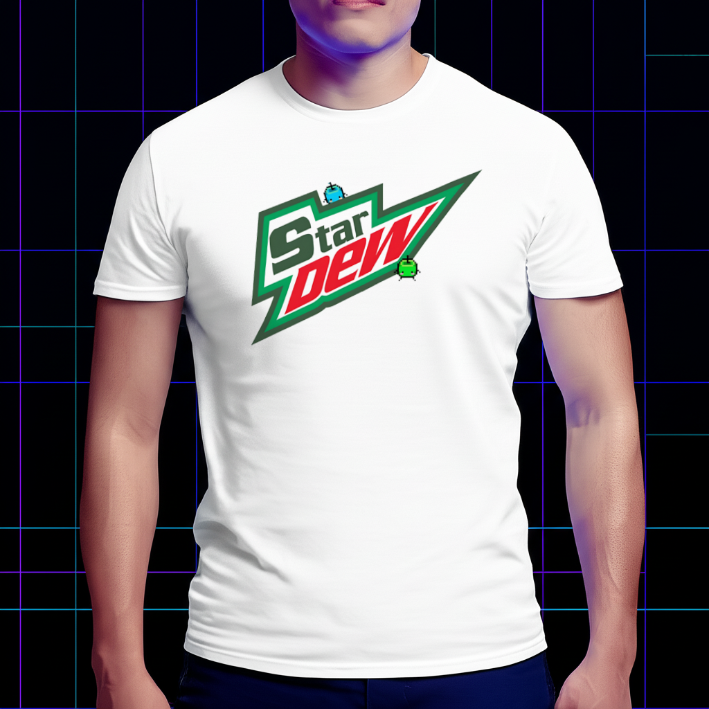 A gamer wearing the Stardew Valley retro soda style shirt in a modern gaming room setup.