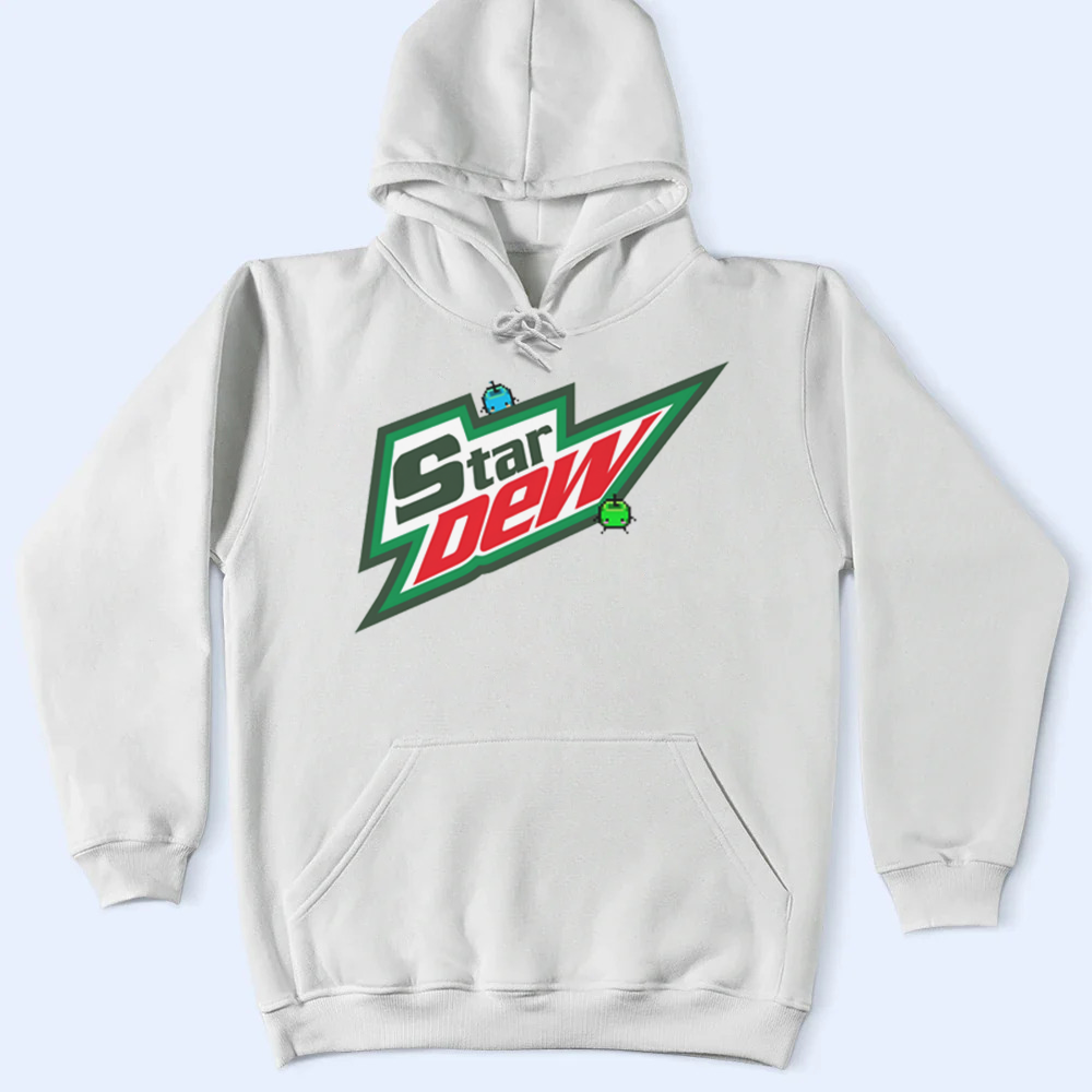White hoodie with a Star Dew logo on a light blue background