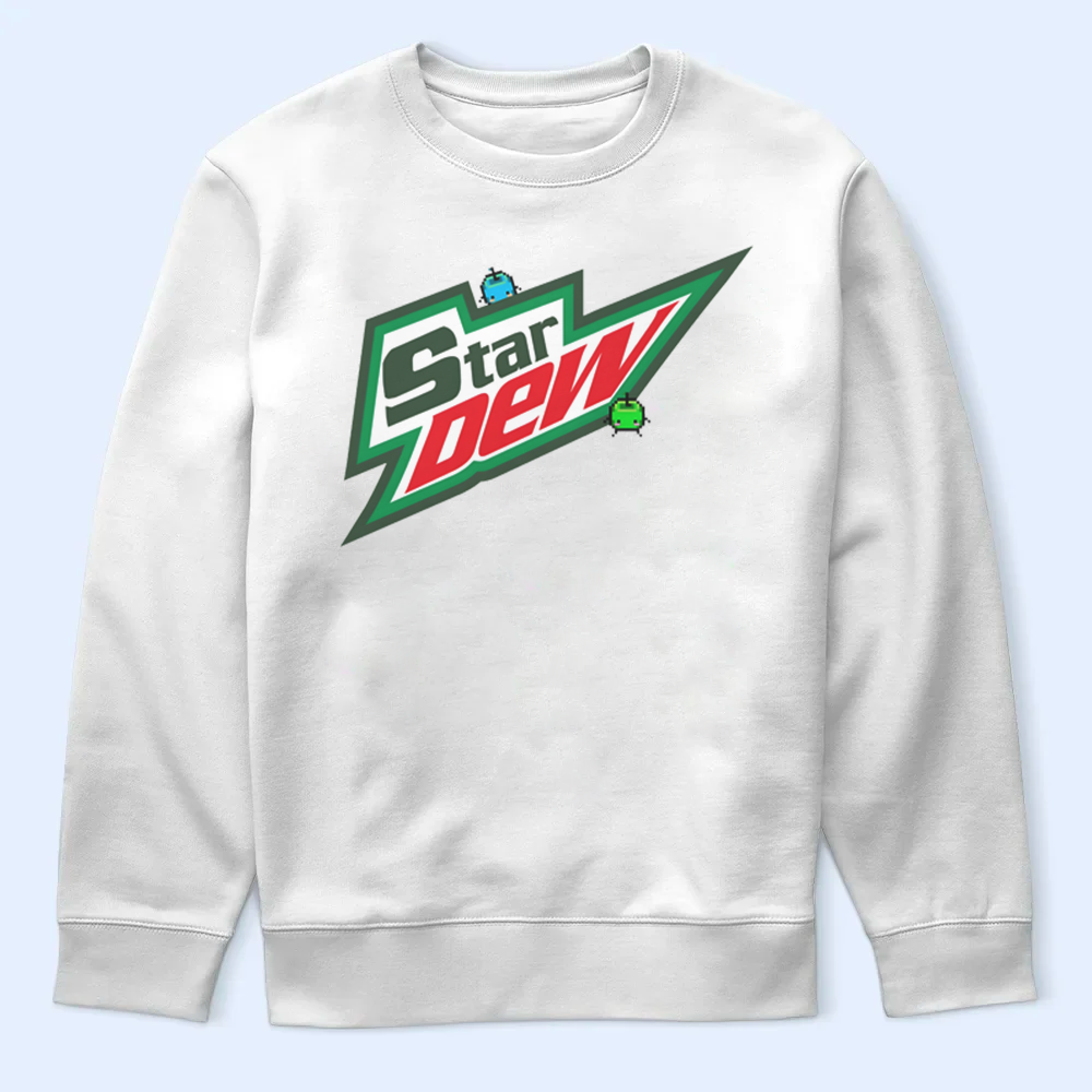 White sweatshirt with Star Dew logo on a light blue background