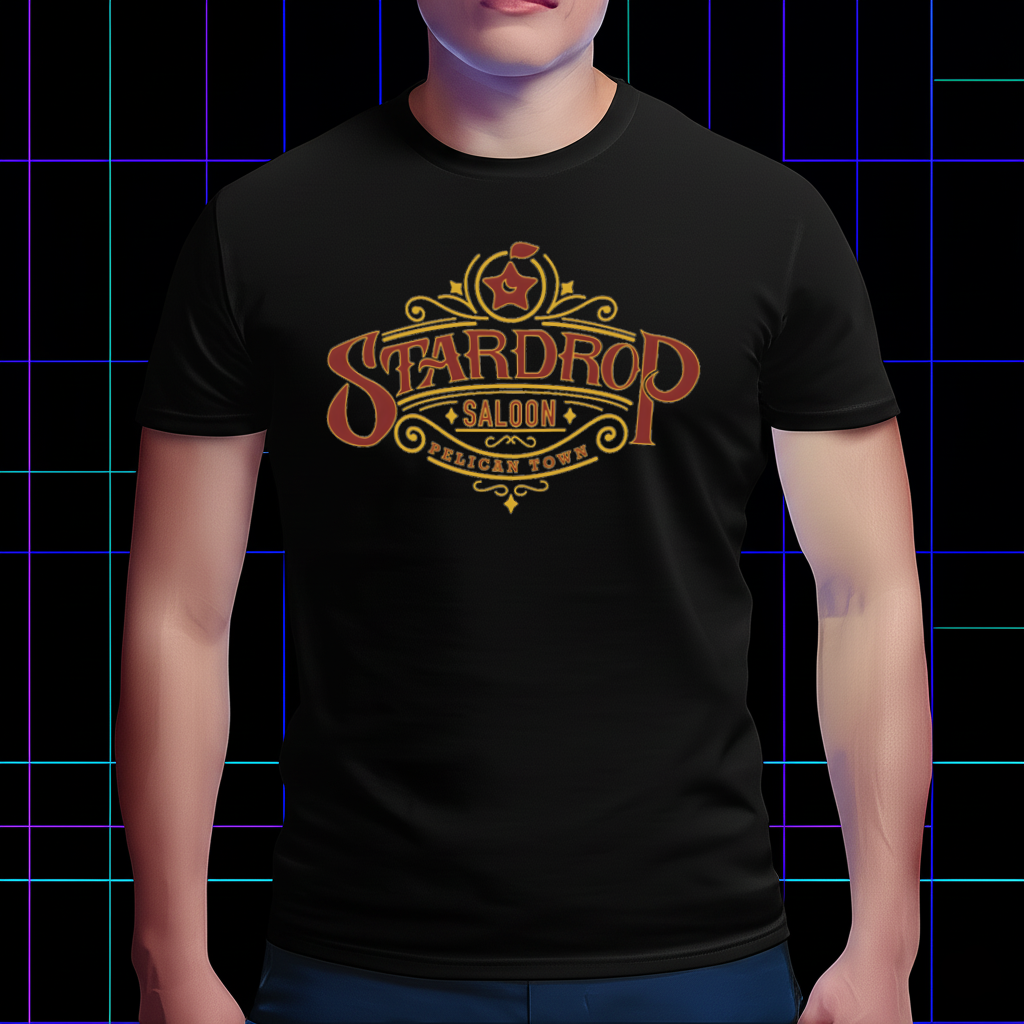 A person wearing the Stardrop Saloon shirt while relaxing in a cozy, warm-lit room