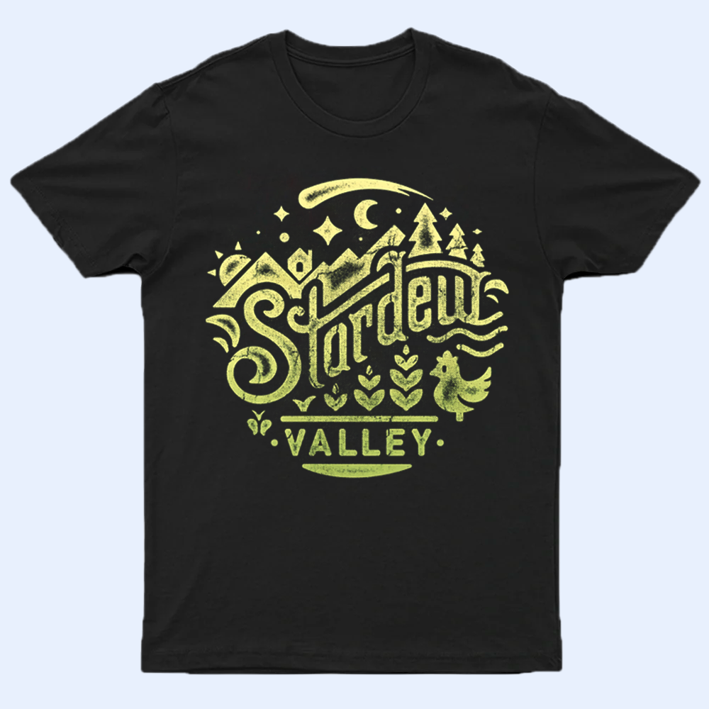 Mockup of a classic black t-shirt with the white 'Stardew Valley' text printed on the front.