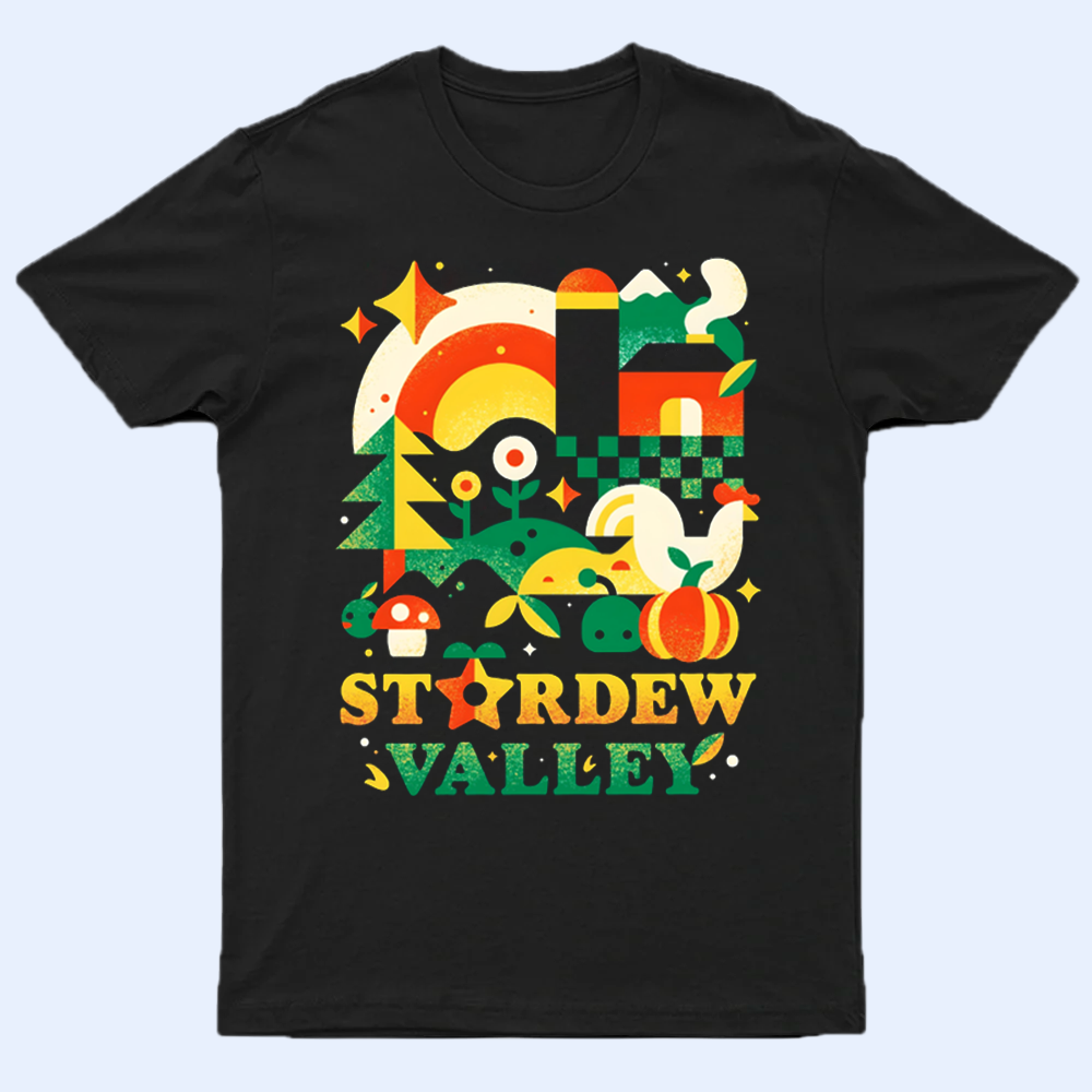 Mockup of a black Stardew Valley typography t-shirt, featuring the iconic game title in a unique font.