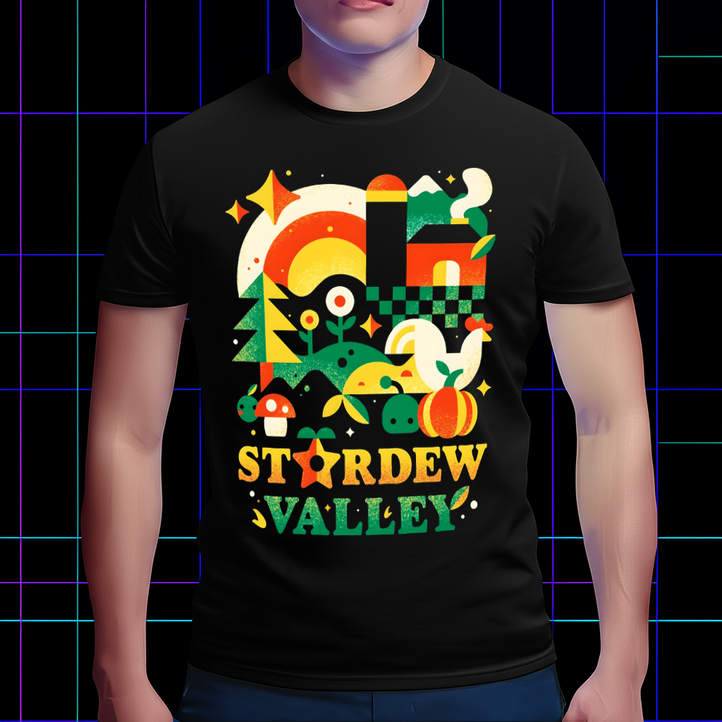Person wearing a black Stardew Valley typography t-shirt, perfect for showing game fan pride