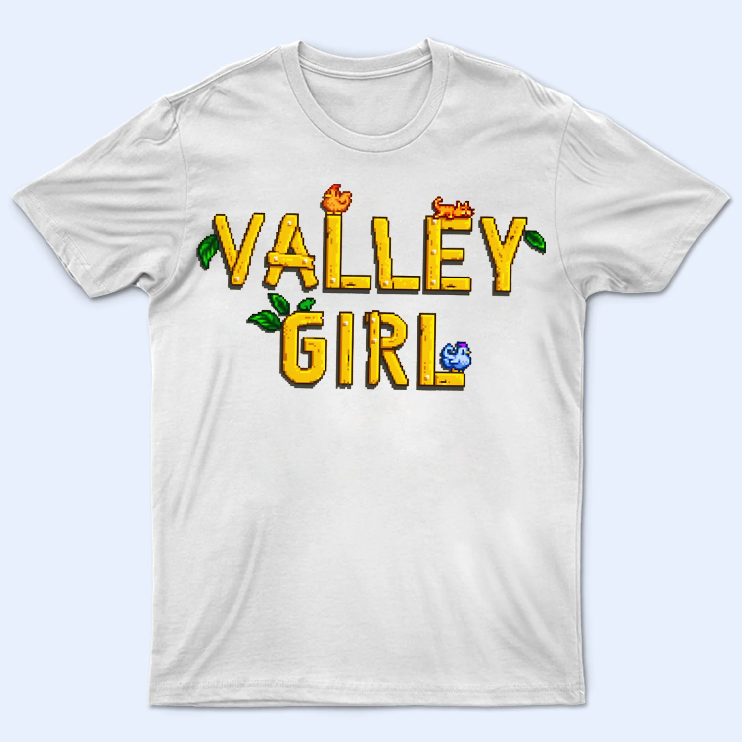 Mockup of a 'Valley Girl' t-shirt, referencing the Stardew Valley game, with stylish typography
