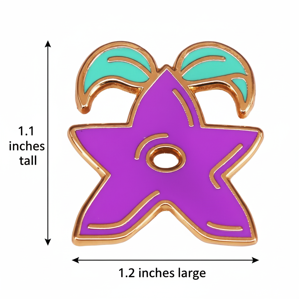 Stardrop Enamel Pin shown with a ruler for size reference and the secure backing clasp