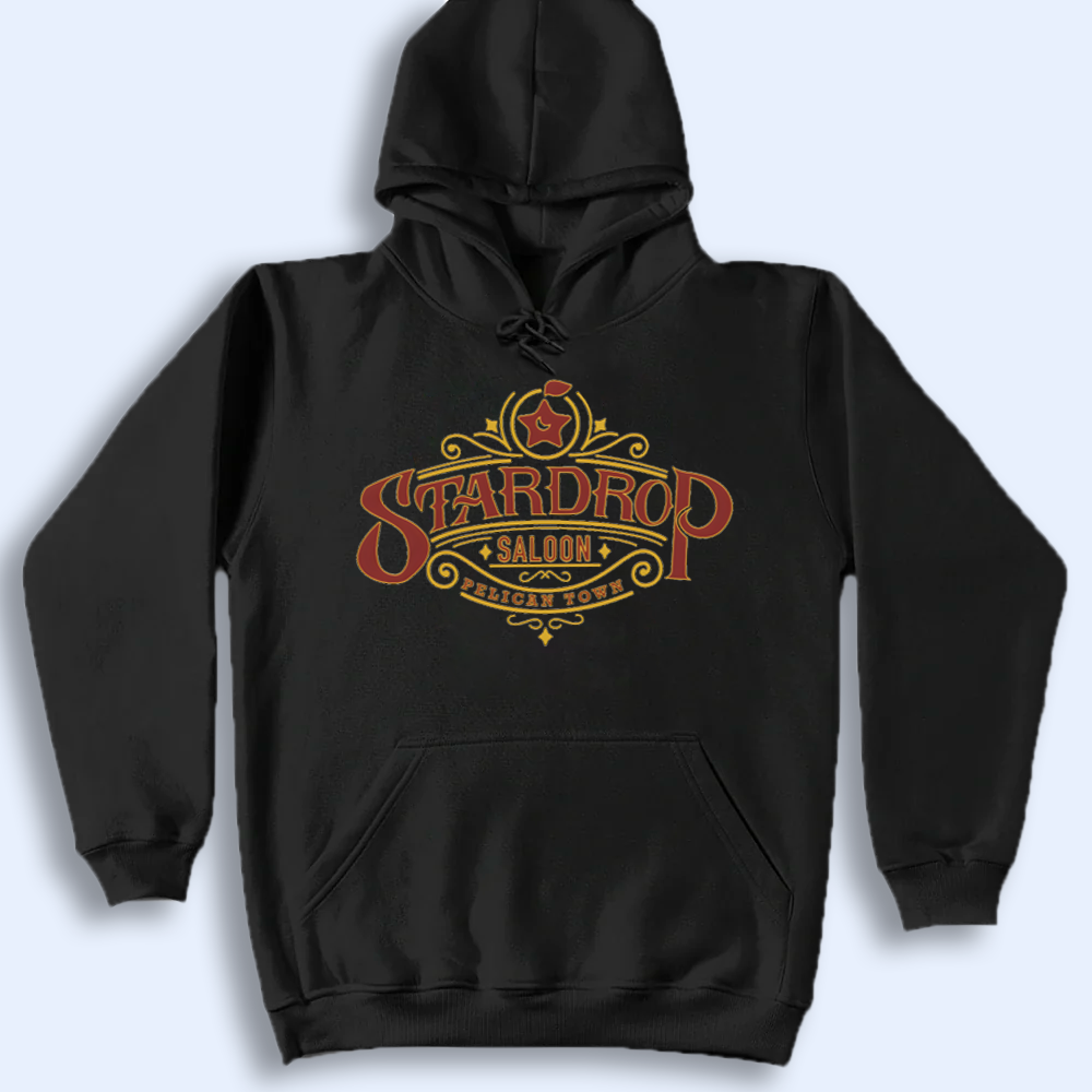 Black hoodie with 'Stardrop Saloon' logo on a light gray background
