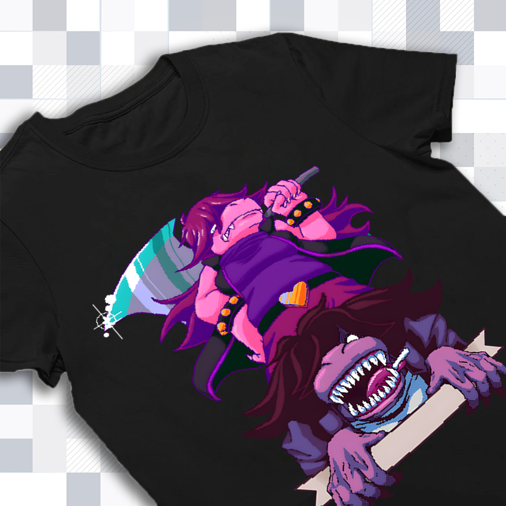 Close-up of the Susie character graphic print on the DELTARUNE merch t-shirt, highlighting design details and vibrant colors