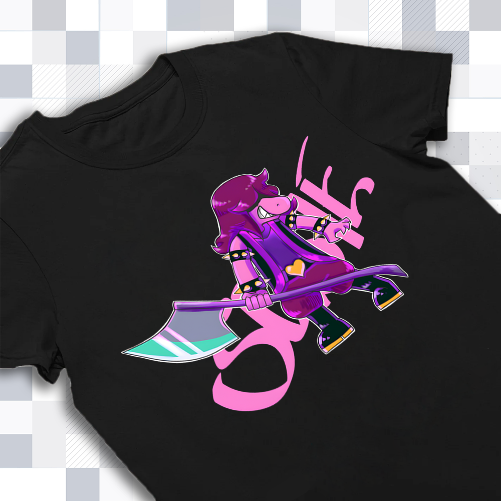 Close-up of the Susie Monster Friend graphic print on the DELTARUNE merch t-shirt, highlighting character details